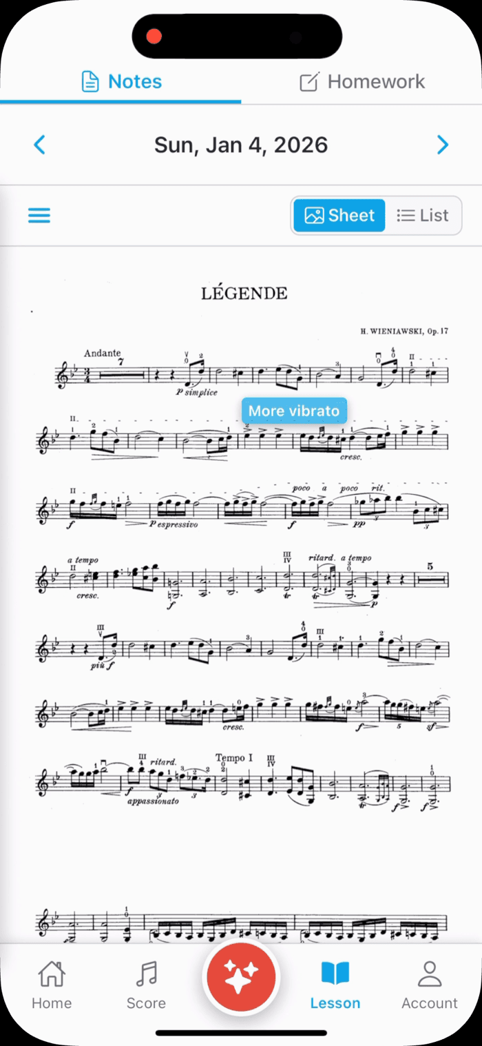 Sheet music for Wieniawski’s Légende with a note reading ‘More vibrato’ pinned to a bar